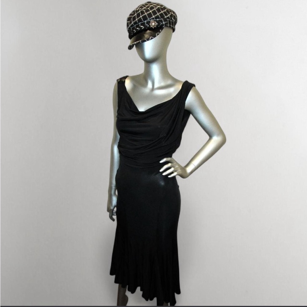 Just Cavalli Black Draped Midi Dress with Branded Button Detail size 42